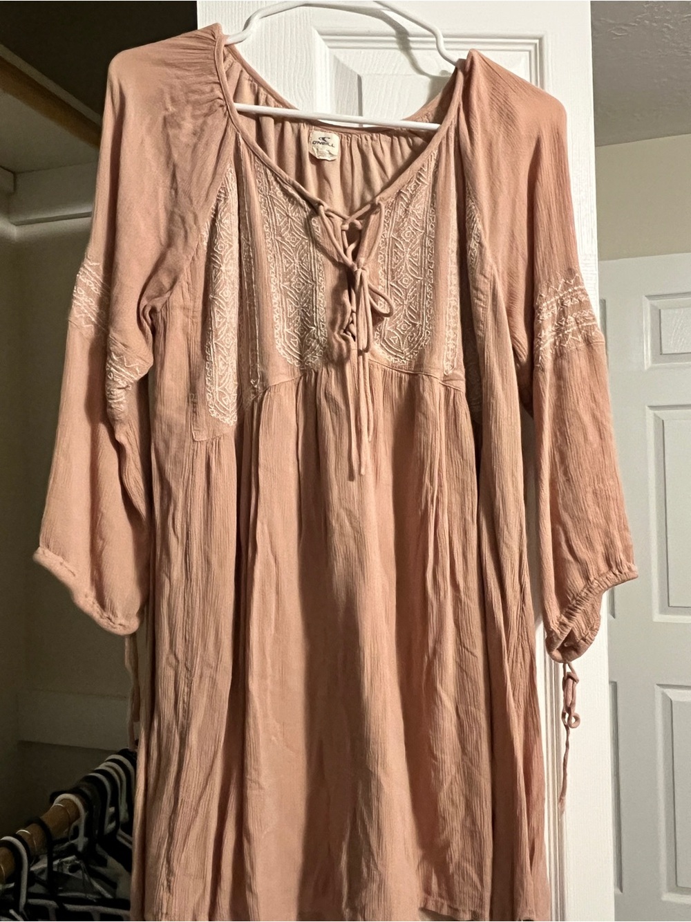 O'Neill Blush Pink Embroidered Lace-Up Peasant Tunic